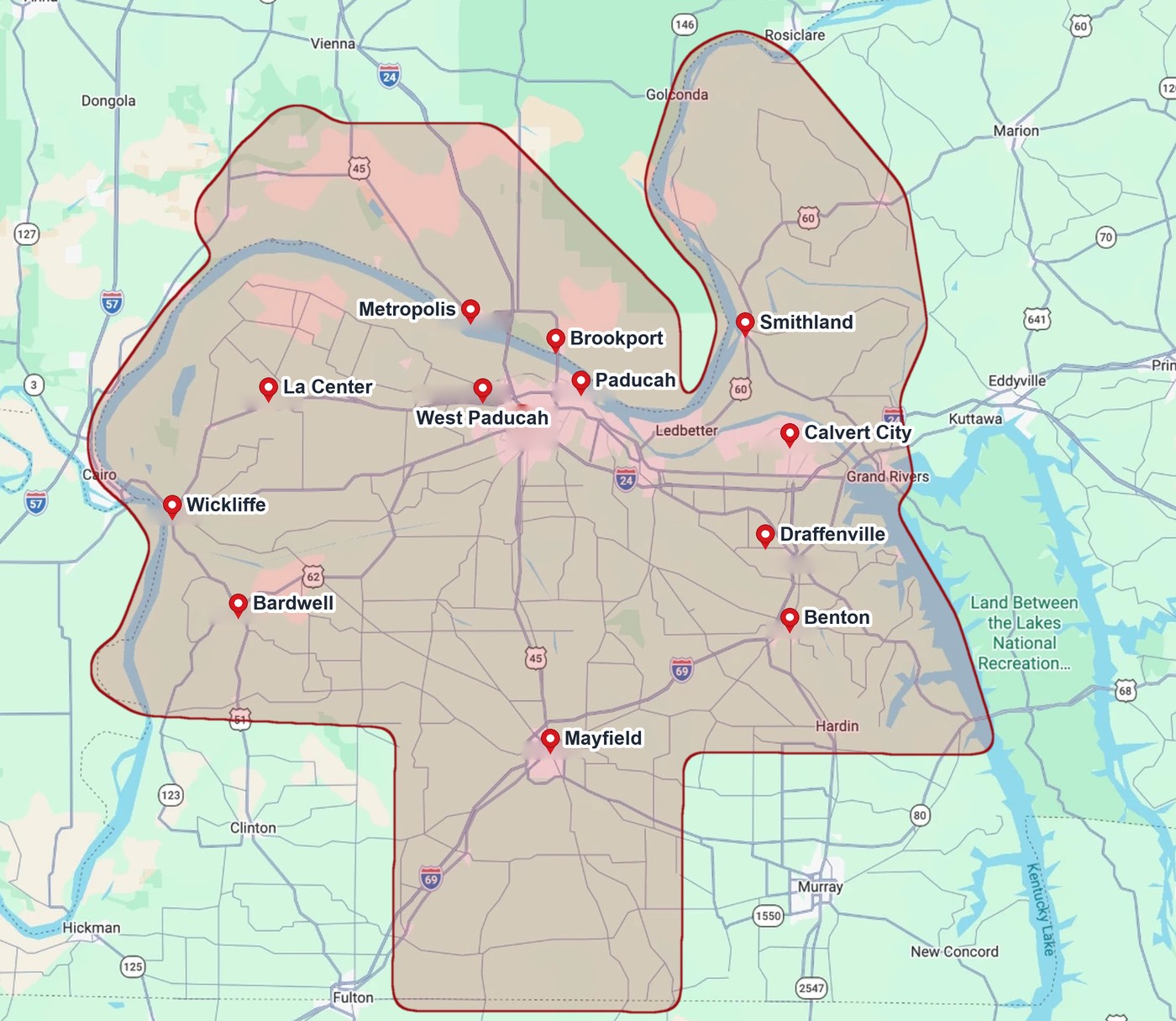 Arnold Roll Off Rentals service area map: McCracken, Marshall, Graves, Ballard, Livingston and Carlisle counties in Kentucky, plus Metropolis and Brookport, Illinois